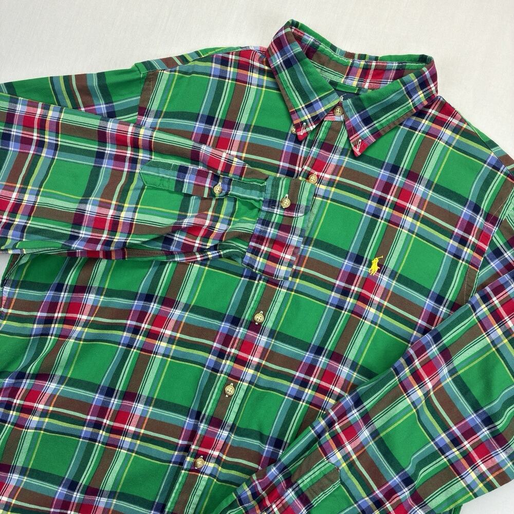 Ralph Lauren Polo Shirt Men XL Green Plaid Button Down Long Sleeve Classic Fit